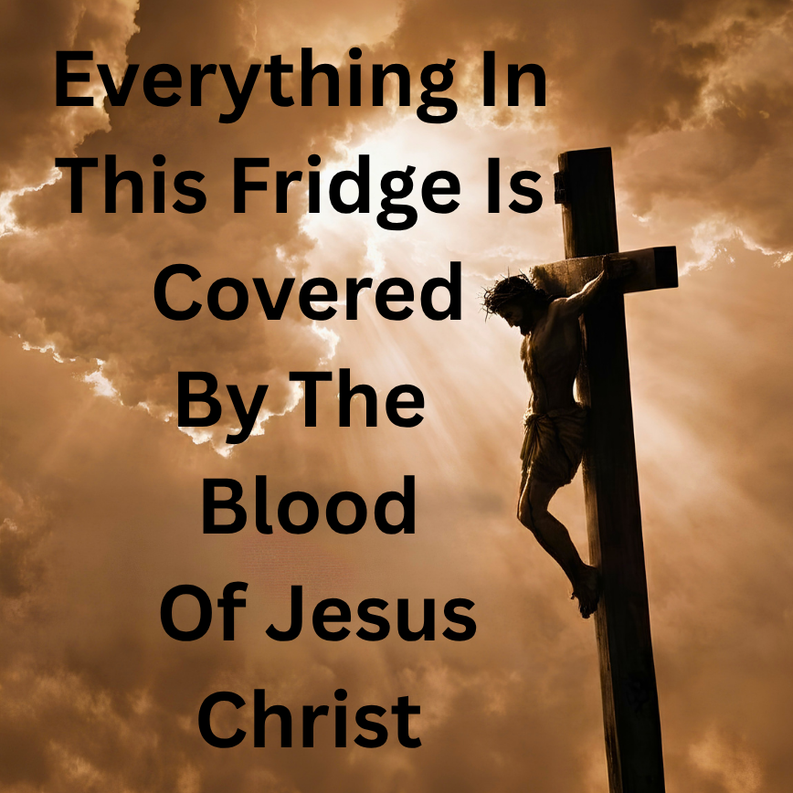 Everything In This Fridge Is Covered By The Blood Of Jesus Christ Magnet.