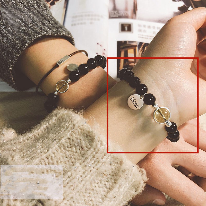 Natural Crystal Couple Bracelets Black agate + Gold rutilated quartz unclo