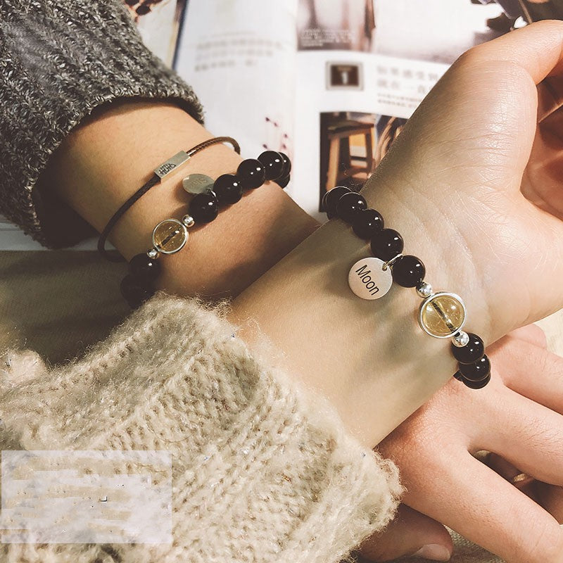 Natural Crystal Couple Bracelets Black agate + Gold rutilated quartz unclo