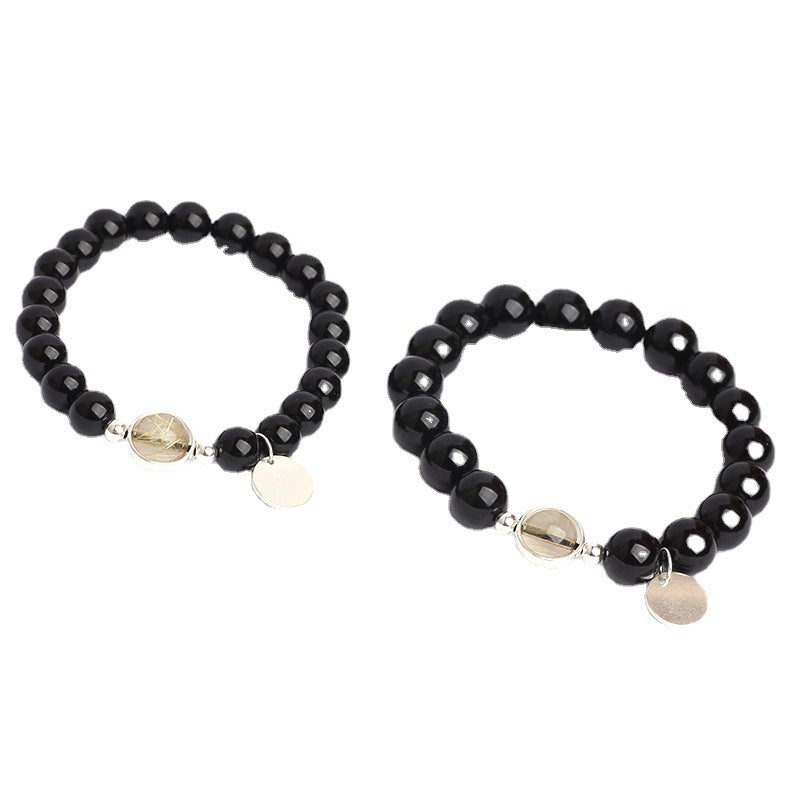 Natural Crystal Couple Bracelets Black agate + Gold rutilated quartz unclo