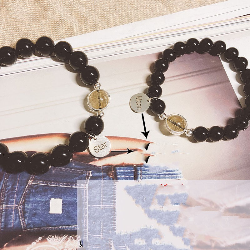 Natural Crystal Couple Bracelets Black agate + Gold rutilated quartz unclo