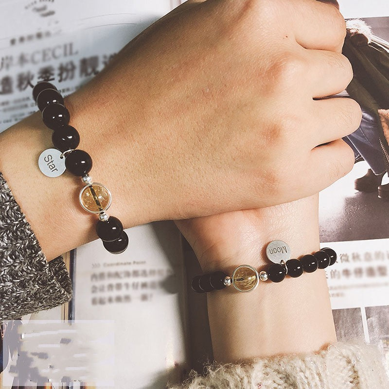 Natural Crystal Couple Bracelets Black agate + Gold rutilated quartz unclo