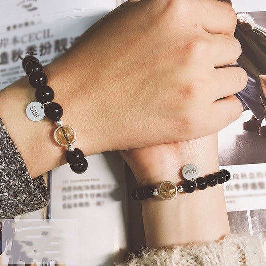 Natural Crystal Couple Bracelets Black agate + Gold rutilated quartz unclo