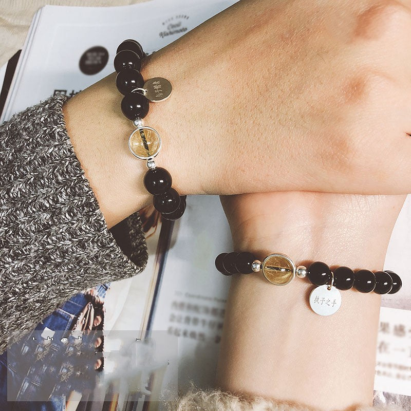 Natural Crystal Couple Bracelets Black agate + Gold rutilated quartz unclo