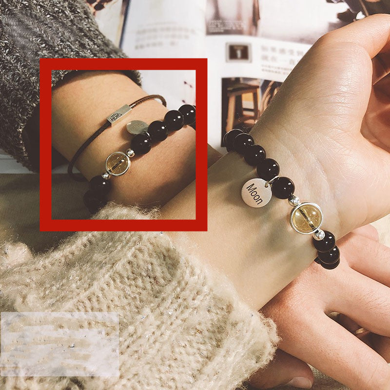 Natural Crystal Couple Bracelets Black agate + Gold rutilated quartz unclo